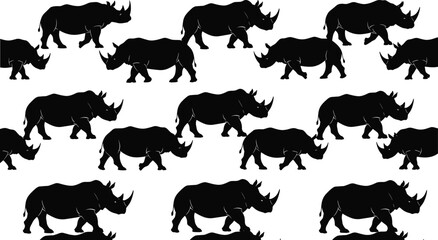 Black rhinoceros silhouette vector set, wild rhino animal icons, African wildlife safari graphics, powerful mammal silhouettes isolated on white background. © Mehedi