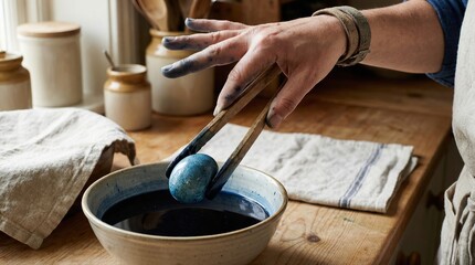 Fototapeta premium Lifting a blue-dyed Easter egg with wooden tongs in a sustainable kitchen setting showing realistic hand textures and subtle dye stains