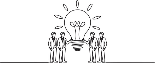 Naklejka premium Business Team Generating Ideas with Light Bulb Concept Line Art