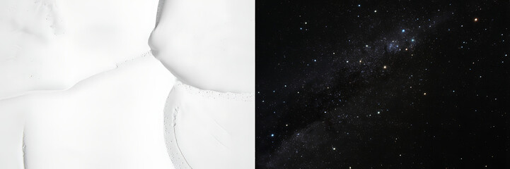 Obraz premium Contrasting Abstract White Textured Surface with Glimmering Night Sky Milky Way Galaxy, Merging Earthly and Celestial Elements in a Dual Concept Artwork