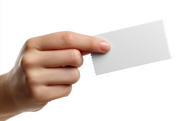 Obraz premium A hand holding a blank white ticket card with serrated edges, iolated on white background.