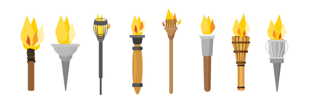 Set of beautiful antique burning torches in cartoon style. Vector illustration of different medieval metal, wooden torches with handles, yellow, orange, red flame isolated on white background.
