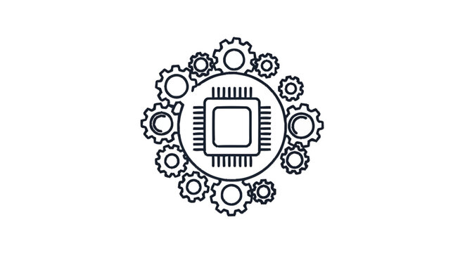 Central Microchip Surrounded by Interlocking Gears Symbolizing Technology and Industry.