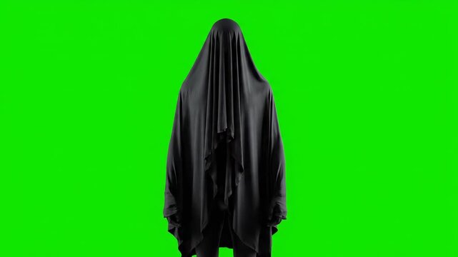 A draped form quickly materializing into full view on green screen emerging, spirit, horror