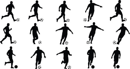 Silhouettes of soccer players action poses running kicking dribbling striking ball athletic movement sport design illustration © Nahl