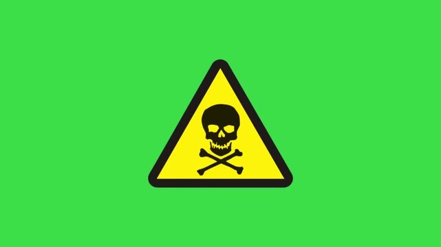 Animated danger warning sign with skull on green screen background for safety