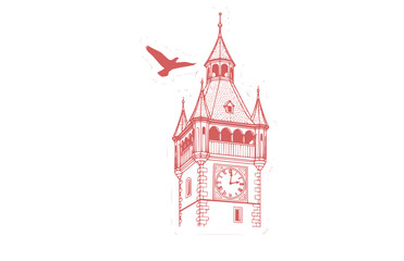 Fototapeta premium European Village Clock Tower with Bird Silhouette, Local Heritage Vector Sticker, Traditional Architecture and Travel Icon