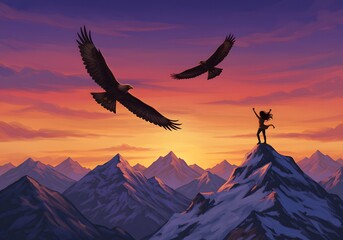 Naklejka premium Adventurous hiker celebrates success on a snowy mountain peak at vibrant sunset with eagles flying above