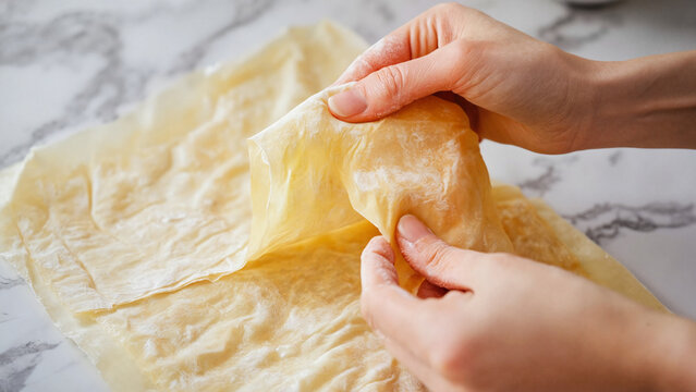 Hands preparing phyllo dough, phyllo dough, recipe blogs, baking tutorials, food magazine editorials, dessert campaign visuals, Mediterranean cuisine features, instructional cookbooks