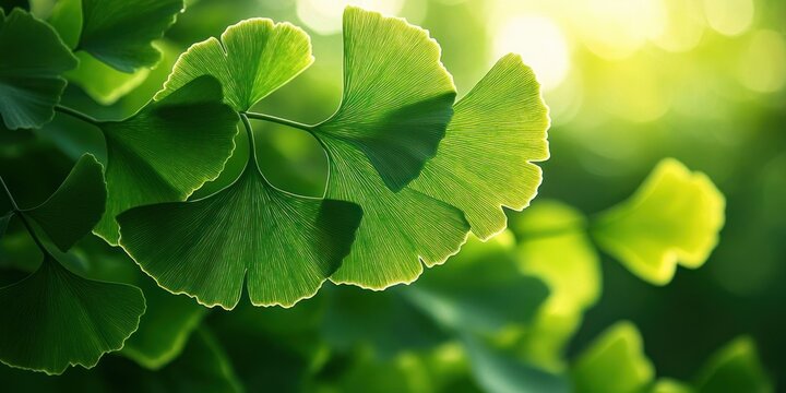 Close-up of vibrant green fan-shaped ginkgo leaves backlit by warm sunlight with soft bokeh, evoking a peaceful, calm and rejuvenating mood