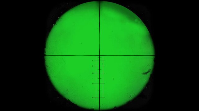 Sniper scope night vision view with crosshair reticle on green screen background