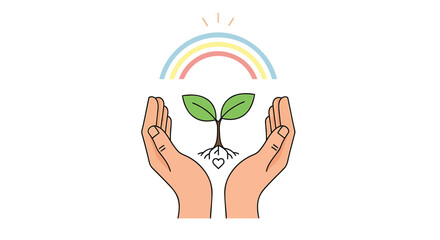 Fototapeta premium Vector illustration of hands holding a plant with rainbow
