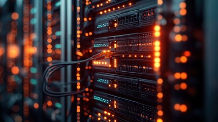 Obraz premium Close-up of rack-mounted servers with network cables plugged into ports and glowing orange and blue indicator lights, evoking a high-tech, intense futuristic atmosphere
