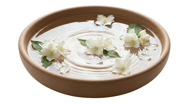 White jasmine flowers floating in clay bowl on transparent background