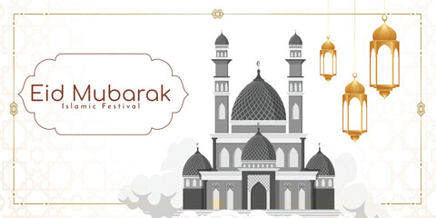 Eid mubarak islamic festival greeting banner with mosque and gold lanterns vector design, eid mubarak colorful luxury Islamic background, eid mubarak, eid muslim. © MD AL AMIN