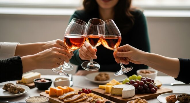 Friends cheerfully toasting with glasses of ros wine and enjoying a charcuterie board