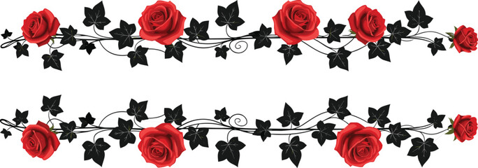  Elegant decorative floral border design featuring red roses and black ivy leaves intertwined with ornate vines, perfect for invitations, greeting cards, romantic art, and decorative framing. © Sohagi