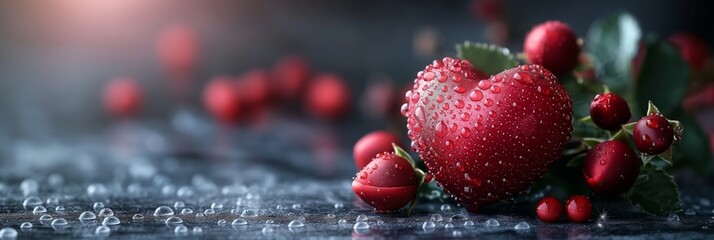 Heart-shaped fruit surrounded by fresh berries on dark rustic surface. AI generated