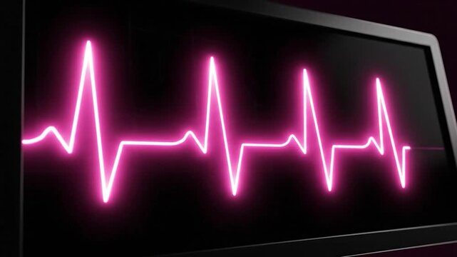 Bright pink neon electrocardiogram pulse on a dark monitor screen