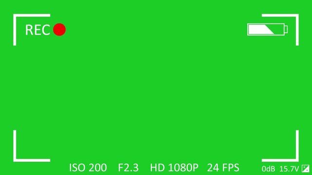 Camera viewfinder recording overlay with green screen background and battery status