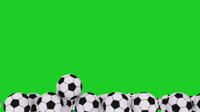 Soccer balls falling on green screen background with 3d realistic animation effect