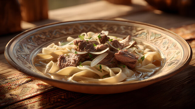 Beshbarmak with boiled lamb and wide flat noodles in broth. Illustration of Kazakh culinary background.