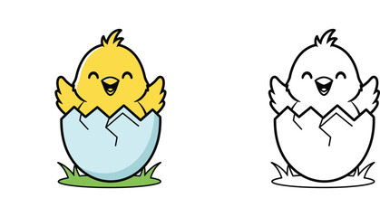 Cute yellow baby chick hatching from an egg on grass vector illustration with black and white outline coloring page version for kids, Easter and spring themed cartoon character design. © MMONIR