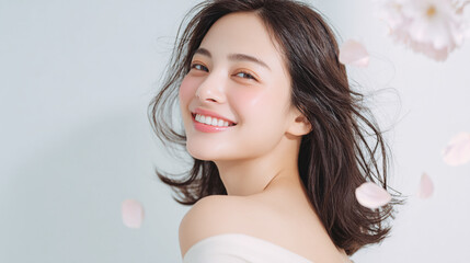 美しい肌の女性と桜が舞う春の背景