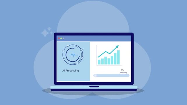 Animated laptop screen showing business performance dashboard with circular chart and growth graph. Concept of data analytics, KPI tracking, financial growth, and digital reporting.
