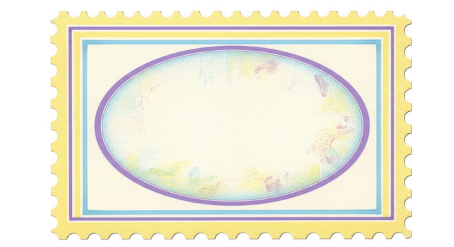A pixelated image of a postage stamp with a yellow border and a white oval in the center.