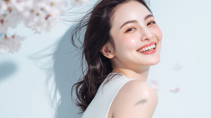 美しい肌の女性と桜が舞う春の背景