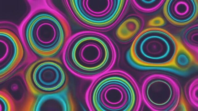 ネオン調グラデーションが滑らかに移ろう円形波動のサイケデリック背景