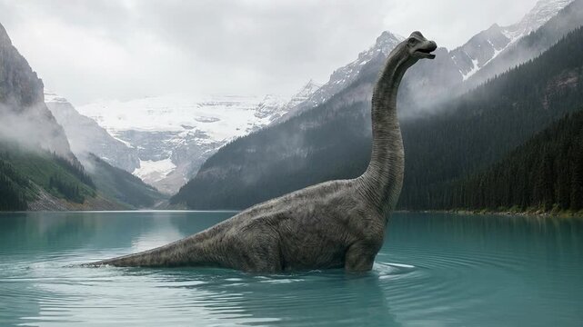 Large brachiosaurus dinosaur stands in a pristine glacial lake. Mist covers steep snowy mountains. Prehistoric wilderness nature