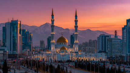 Obraz premium Kazakhstan cityscape, white and gold mosques. Background illustration of a city in Kazakhstan.