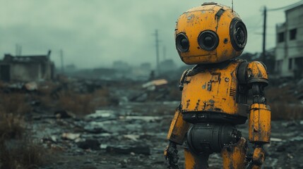 worn yellow humanoid robot standing alone amid rubble and derelict buildings in a desolate industrial wasteland under a gray overcast sky, conveying loneliness and melancholy
