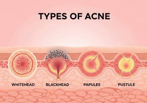 Close-up illustration showing four types of acne: whitehead, blackhead, papule, and pustule