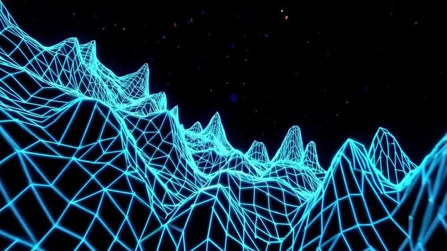 Blue wireframe sound waves on black background visualizing audio frequency.