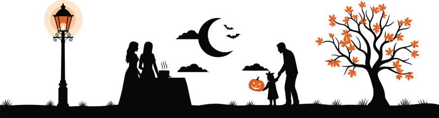 Halloween family celebration vector silhouette with people pumpkin carving autumn tree and crescent moon for spooky holiday party invitation greeting card and seasonal event banner © Sohagi