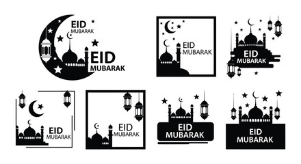 Naklejka premium Black and white eid mubarak designs with crescent moons and lanterns