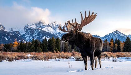 Majestic moose in snowy landscape with mountains in background.