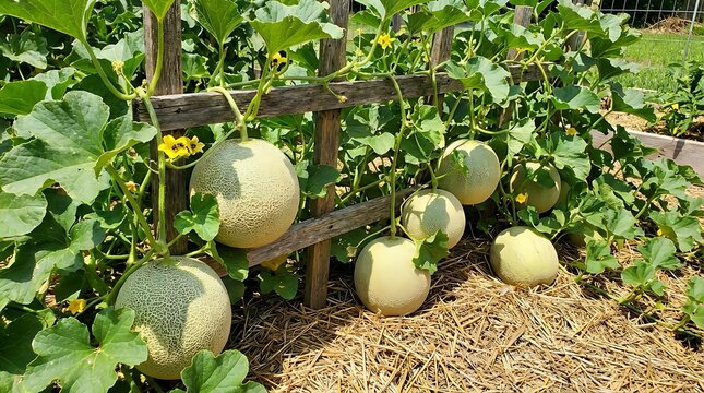 Large ripe cantaloupe melons growing on a wooden trellis fence in a sunny outdoor agricultural garden.