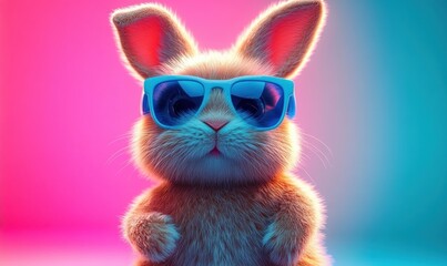 Obraz premium fluffy brown rabbit wearing blue sunglasses against neon pink and cyan gradient background, playful confident and cool expression