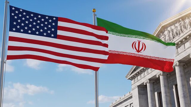 U.S. and Iran flags fly side by side before classical building with columns, symbolizing diplomacy, political relations, and international dialogue.