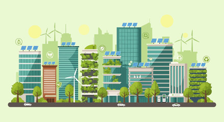 Obraz premium Eco-friendly city skyline with green buildings, solar panels, and wind turbines