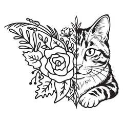 Obraz premium Split Animal and Floral Vector Illustrations Set,Geometric Nature Line Art: Wildlife and Flowers Collection,Black and White Floral Animal Portraits Tattoo Design Style