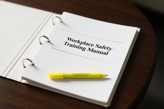 Workplace safety training manual on table with yellow pen promotes zero accidents and rules for safety using technology in workplace training