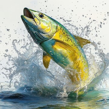 vibrant yellow-green dolphinfish leaping from churning ocean water with explosive splash, dynamic energetic motion and triumphant spray