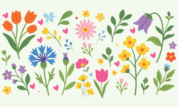 Elegant floral background with wild flowers Spring time flower doodle illustration in minimal style. collection of colorful flowers for Wedding floral , card, print, greeting card, invitation card 