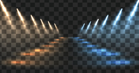 Obraz premium Spotlight with light reflection on the floor. Realistic blue and orange light sources.