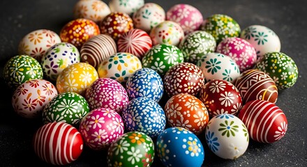 Fototapeta premium Colorful Easter eggs decorated with patterns on dark background festive spring holiday